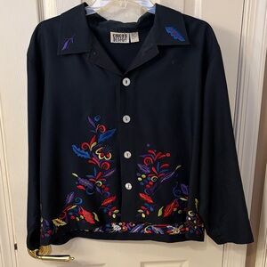 Vintage Chicos Design Black Silk blouse-colorful Embroidery